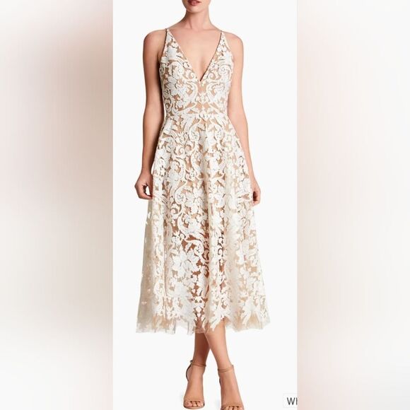 Dress the Population Ivory Floral Lace Midi Dress - Picture 1 of 7